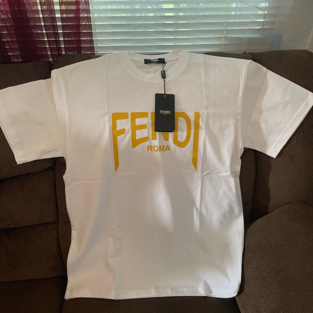 Fendi White Tee with Yellow Fendi Logo Men XL Asian